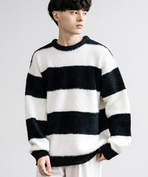 Rocky Monroe(ロッキーモンロー)の「フェザーヤーン オーバーサイズボーダークルーネックニット(ニット/セーター・メンズ・ブルー/レッド/チャコール/ホワイト・M/L)」の7枚目の写真