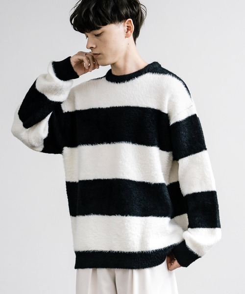 フェザーヤーン オーバーサイズボーダークルーネックニット（ニット