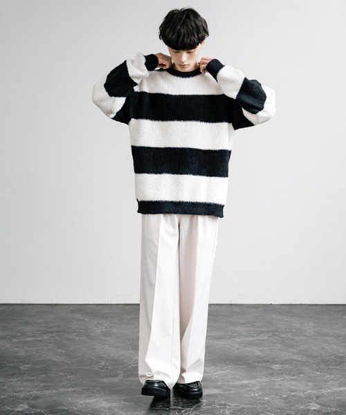 フェザーヤーン オーバーサイズボーダークルーネックニット（ニット