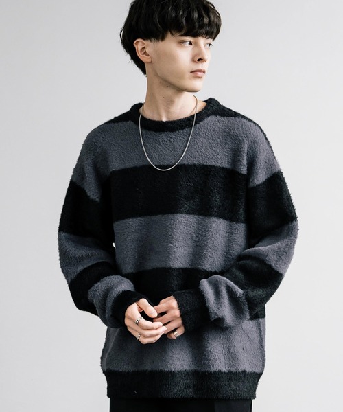 Rocky Monroe(ロッキーモンロー)の「フェザーヤーン オーバーサイズボーダークルーネックニット(ニット/セーター・メンズ・ブルー/レッド/チャコール/ホワイト・M/L)」の6枚目の写真