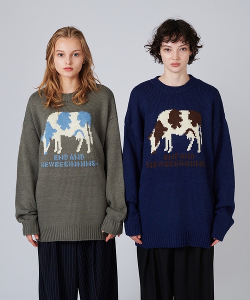 ONCILY(オンシェリー)の「COW PATTERN LOW-GAUGE KNIT / カウ柄ローゲージニット(ニット/セーター・メンズ・グレー/ネイビー・SMALL/MEDIUM/LARGE)」の4枚目の写真