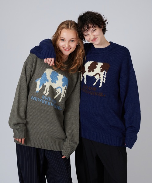 ONCILY(オンシェリー)の「COW PATTERN LOW-GAUGE KNIT / カウ柄ローゲージニット(ニット/セーター・メンズ・グレー/ネイビー・SMALL/MEDIUM/LARGE)」の5枚目の写真