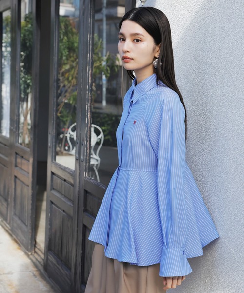 洗える】【防シワ】ワンポイント刺繍ペプラムシャツ（シャツ/ブラウス  