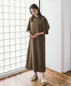 ドレープスリーブリブ付き半袖ワンピース-手洗い可-