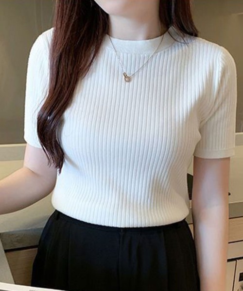 SallyLunn(サリーラン)の「リブ半袖ニットトップス(Tシャツ/カットソー・レディース・ホワイト/アイボリー/ワイン/ブラック・FREE)」の2枚目の写真