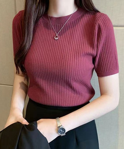 SallyLunn(サリーラン)の「リブ半袖ニットトップス(Tシャツ/カットソー・レディース・ホワイト/アイボリー/ワイン/ブラック・FREE)」の4枚目の写真
