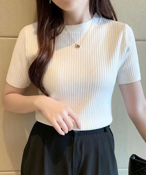 SallyLunn(サリーラン)の「リブ半袖ニットトップス(Tシャツ/カットソー・レディース・ホワイト/アイボリー/ワイン/ブラック・FREE)」の3枚目の写真