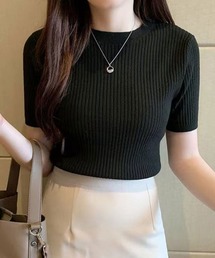 リブ半袖ニットトップス