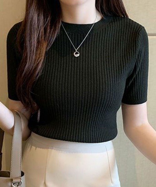 SallyLunn(サリーラン)の「リブ半袖ニットトップス(Tシャツ/カットソー・レディース・ホワイト/アイボリー/ワイン/ブラック・FREE)」の9枚目の写真