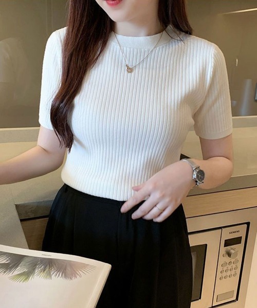 SallyLunn(サリーラン)の「リブ半袖ニットトップス(Tシャツ/カットソー・レディース・ホワイト/アイボリー/ワイン/ブラック・FREE)」の12枚目の写真