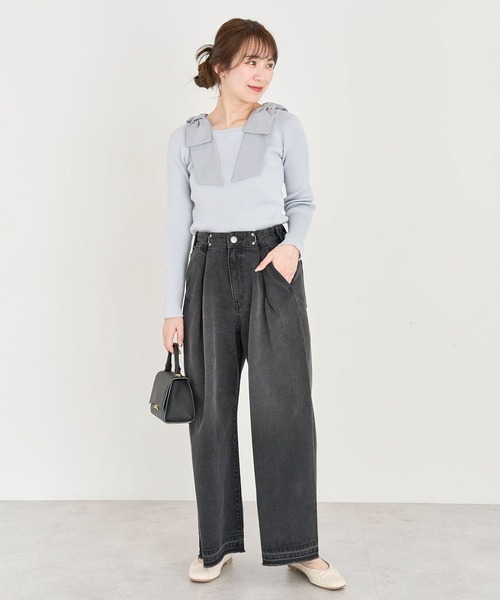 Green Parks(グリーンパークス)の「タックワイドデニムパンツ(デニムパンツ・レディース・ブルー系その他/ホワイト/ブラック・FREE)」の4枚目の写真