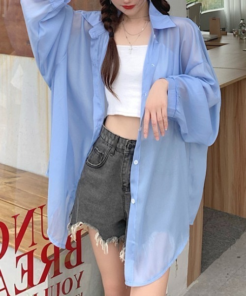 SEN TOKYO(セントーキョー)の「ビッグシルエットシアーシャツ(シャツ/ブラウス・レディース・ブラック/ピンク/ホワイト/ブルー/グレー/オレンジ/パープル・FREE)」の4枚目の写真