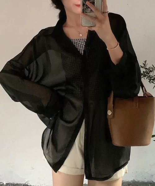 SEN TOKYO(セントーキョー)の「ビッグシルエットシアーシャツ(シャツ/ブラウス・レディース・ブラック/ピンク/ホワイト/ブルー/グレー/オレンジ/パープル・FREE)」の3枚目の写真