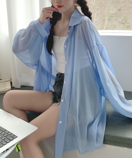 SEN TOKYO(セントーキョー)の「ビッグシルエットシアーシャツ(シャツ/ブラウス・レディース・ブラック/ピンク/ホワイト/ブルー/グレー/オレンジ/パープル・FREE)」の10枚目の写真