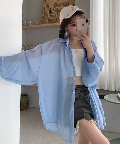 SEN TOKYO(セントーキョー)の「ビッグシルエットシアーシャツ(シャツ/ブラウス・レディース・ブラック/ピンク/ホワイト/ブルー/グレー/オレンジ/パープル・FREE)」の13枚目の写真