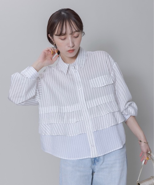 45R umii908◆ レース フリル スタンドカラー ストライプシャツ 45R不死鳥プリントの908イージースタンドシャツ（インディゴ）: WOMEN｜45R