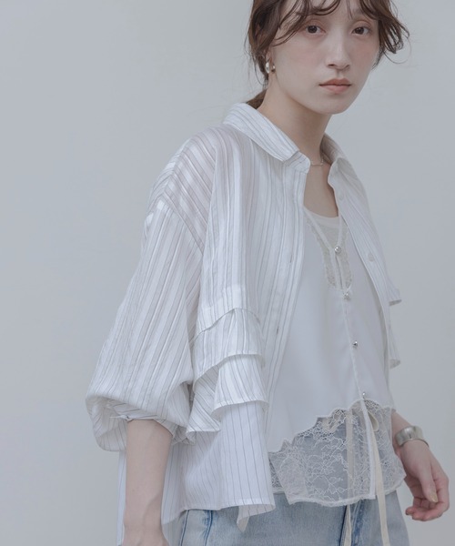 Eimee Law（エイミーロウ）の「ティアードフリルストライプシャツ（シャツ/ブラウス・レディース・オフホワイト/ライトブルー/アイボリー/ブルー・FREE）」の11枚目の写真