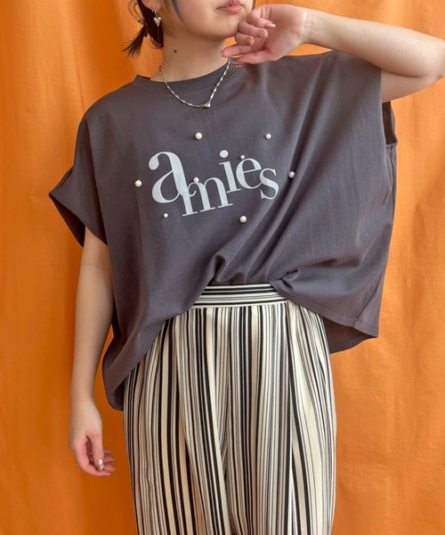 LHELBIE(レルビエ)の「パール+ロゴボックスTシャツ(Tシャツ/カットソー・レディース・ネイビー/チャコールグレー/オフホワイト・M)」の1枚目の写真