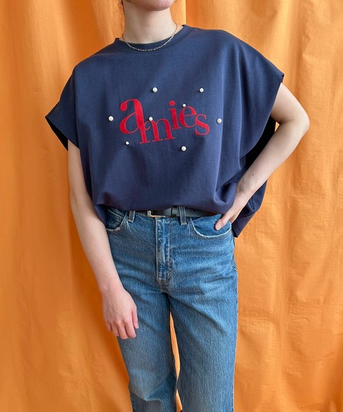 LHELBIE(レルビエ)の「パール+ロゴボックスTシャツ(Tシャツ/カットソー・レディース・ネイビー/チャコールグレー/オフホワイト・M)」の5枚目の写真