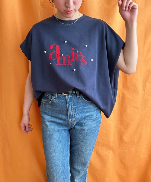 LHELBIE(レルビエ)の「パール+ロゴボックスTシャツ(Tシャツ/カットソー・レディース・ネイビー/チャコールグレー/オフホワイト・M)」の4枚目の写真