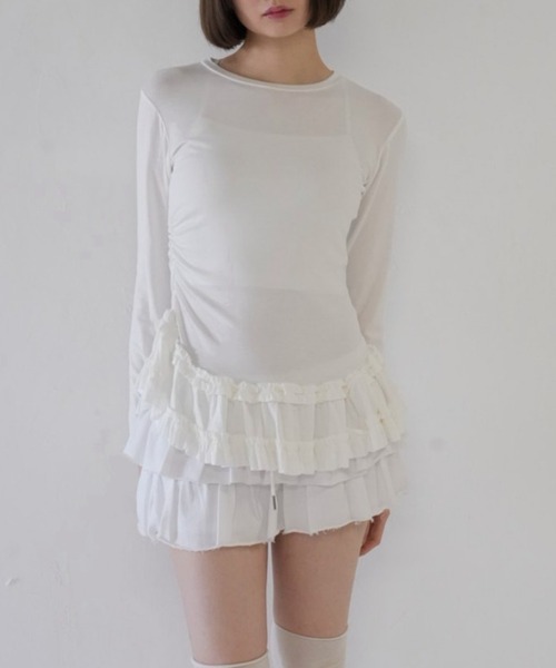 tシャツ gather frill long tee/アシンメトリーフリルロンT レディース セール】gather frill long tee/アシンメトリーフリルロンT（T