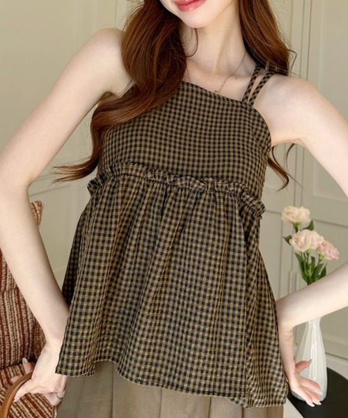 Ada.（エイダ）の「2WAY ギンガムチェック フレア キャミ ビスチェ（キャミソール・レディース・ネイビー/レッド/グリーン/ブラック/ベージュ/ブラウン・M/S）」の3枚目の写真