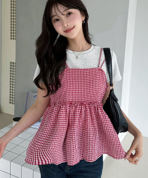 Ada.(エイダ)の「2WAY ギンガムチェック フレア キャミ ビスチェ(キャミソール・レディース・ライトブルー/レッド/グリーン/ブラック/ベージュ/ブラウン/ピンク・M/S)」の19枚目の写真