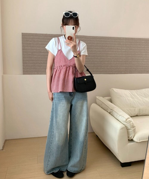 Ada.（エイダ）の「2WAY ギンガムチェック フレア キャミ ビスチェ（キャミソール・レディース・ネイビー/レッド/グリーン/ブラック/ベージュ/ブラウン・M/S）」の12枚目の写真