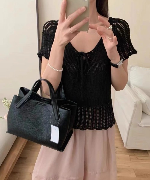 gossip!ロサンゼルス(ゴシップロサンゼルス)の「リボン ニット半袖プルオーバー(ニット/セーター・レディース・ブラック/オフホワイト・FREE)」の12枚目の写真