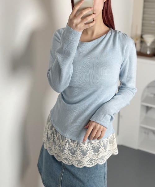 NANAHACHI(ナナハチ)の「裾レース レイヤードトップス(Tシャツ/カットソー・レディース・ブラック/ライトブルー/グレー/クリーム/ピンク・FREE)」の20枚目の写真
