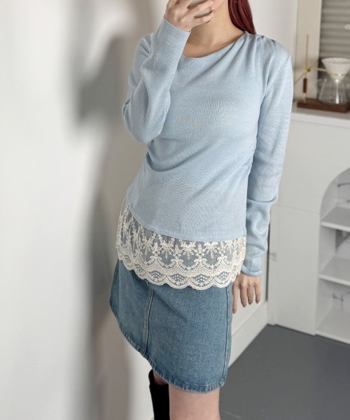 NANAHACHI(ナナハチ)の「裾レース レイヤードトップス(Tシャツ/カットソー・レディース・ブラック/ライトブルー/グレー/クリーム/ピンク・FREE)」の19枚目の写真