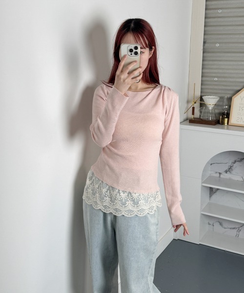 NANAHACHI(ナナハチ)の「裾レース レイヤードトップス(Tシャツ/カットソー・レディース・ブラック/ライトブルー/グレー/クリーム/ピンク・FREE)」の17枚目の写真