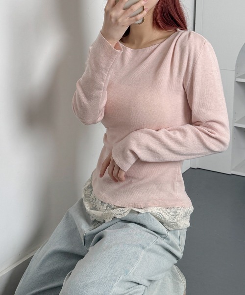 NANAHACHI(ナナハチ)の「裾レース レイヤードトップス(Tシャツ/カットソー・レディース・ブラック/ライトブルー/グレー/クリーム/ピンク・FREE)」の16枚目の写真