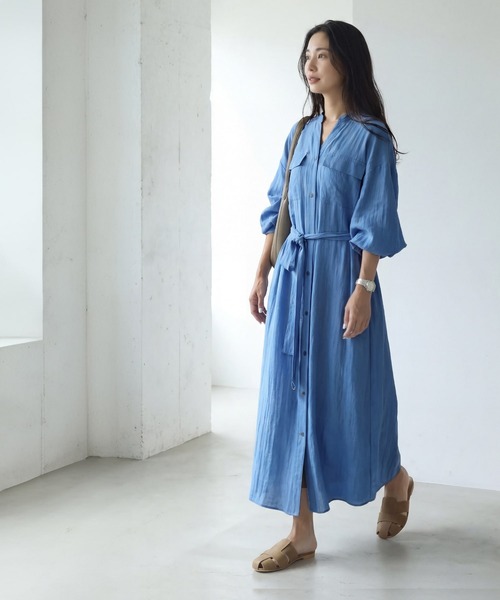 STYLE DELI(スタイルデリ)の「綿麻混紡ベルテッドシャツワンピース(ワンピース・レディース・ブルー/ホワイト系その他・1/2)」の8枚目の写真