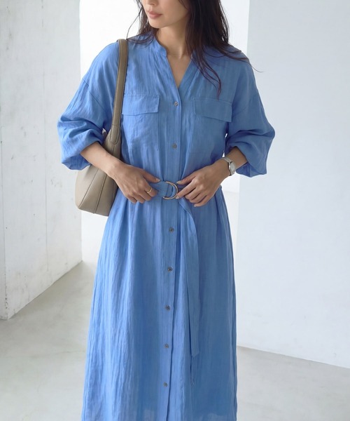 STYLE DELI(スタイルデリ)の「綿麻混紡ベルテッドシャツワンピース(ワンピース・レディース・ブルー/ホワイト系その他・1/2)」の10枚目の写真