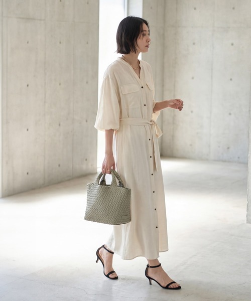STYLE DELI(スタイルデリ)の「綿麻混紡ベルテッドシャツワンピース(ワンピース・レディース・ブルー/ホワイト系その他・1/2)」の3枚目の写真