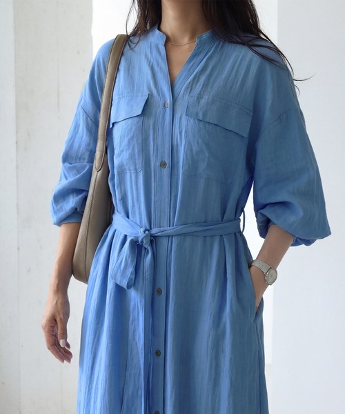 STYLE DELI(スタイルデリ)の「綿麻混紡ベルテッドシャツワンピース(ワンピース・レディース・ブルー/ホワイト系その他・1/2)」の11枚目の写真