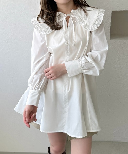 apres jour clair（アプレジュールクレア）の「【apres jour clair】フリル襟チュニックブラウス（シャツ/ブラウス・レディース・ブルー/クリーム/オフホワイト・X-LARGE/フリー）」の4枚目の写真