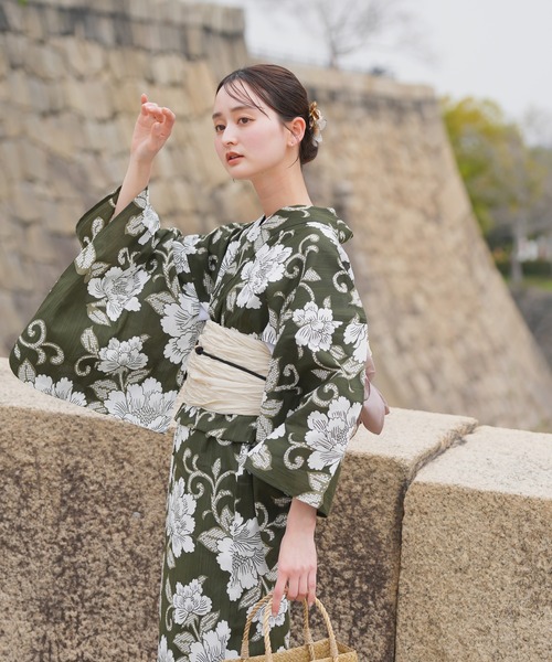 ウタタネ　浴衣　新品 キッズ浴衣3点セット ニコアンティーク 青緑のモダン矢絣と花（浴衣