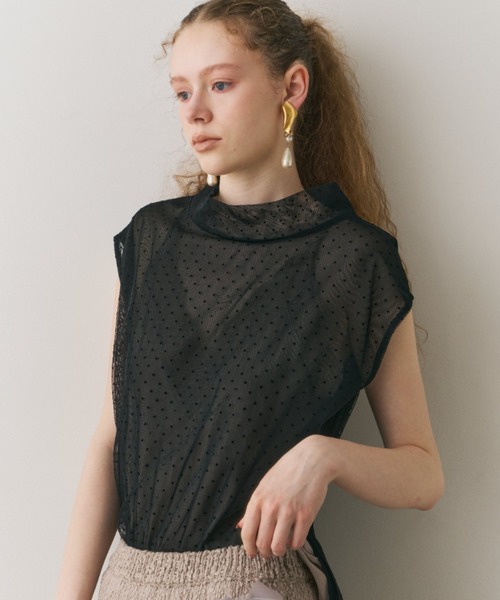 tシャツ ドットチュールワイドハイネックTOPS レディース セール】ドットチュールワイドハイネックTOPS（Tシャツ