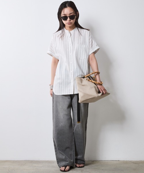 CHIC STYLE（シックスタイル）の「ストライプフレンチスリーブシャツ＜大きいサイズ有＞シックスタイル（シャツ/ブラウス・レディース・ホワイト系/ネイビー系・M/L/LL/3L/4L/5L）」の18枚目の写真