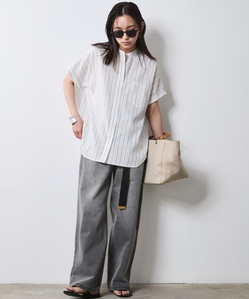 CHIC STYLE（シックスタイル）の「ストライプフレンチスリーブシャツ＜大きいサイズ有＞シックスタイル（シャツ/ブラウス・レディース・ホワイト系/ネイビー系・M/L/LL/3L/4L/5L）」の19枚目の写真
