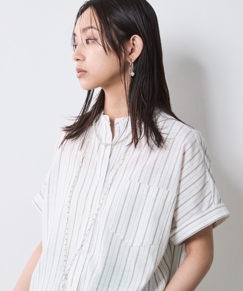 CHIC STYLE（シックスタイル）の「ストライプフレンチスリーブシャツ＜大きいサイズ有＞シックスタイル（シャツ/ブラウス・レディース・ホワイト系/ネイビー系・M/L/LL/3L/4L/5L）」の14枚目の写真