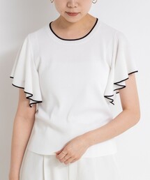 《手洗い可能》袖フリル配色プルオーバーニット