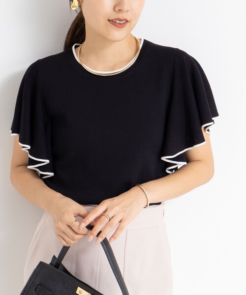 NOLLEY’S Sophi（ノーリーズソフィ）の「《手洗い可能》袖フリル配色プルオーバーニット（ニット/セーター・レディース・ホワイト/ブラック/サックスブルー・38）」の3枚目の写真