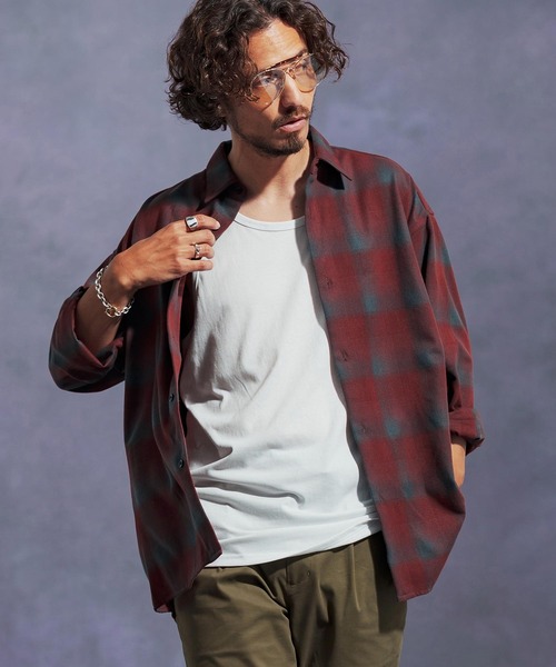 Jih Nunc(ジーヌンク)の「ms6168-起毛オンブレーチェックシャツ(シャツ/ブラウス・メンズ・ベージュ/レッド/ホワイト・L/M/S)」の3枚目の写真