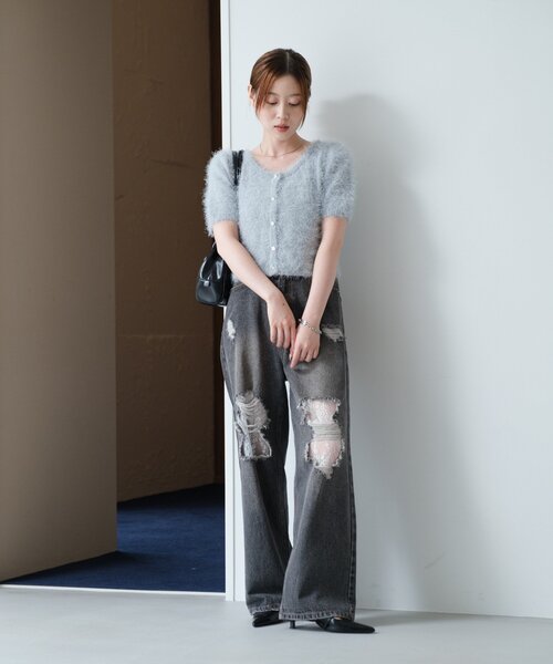 kastane シャギー半袖カーディガン　シャギービスチェ チャコールグレー Kastane カーディガン 「新色追加/セットアップ対応/前後2WAY