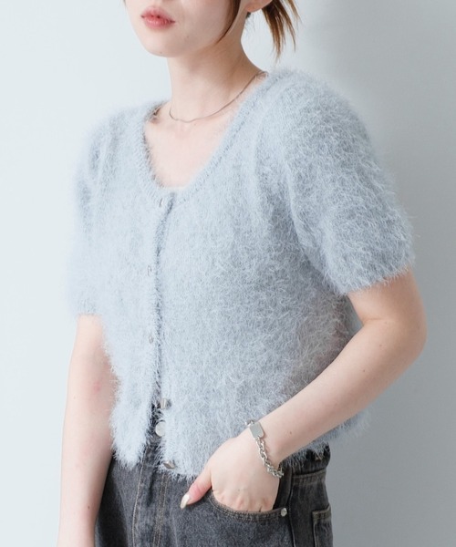 Kastane（カスタネ）の「【新色追加/セットアップ対応/前後2WAY】シャギー半袖カーディガン（カーディガン/ボレロ・レディース・サックスブルー/アイボリー/チャコールグレー/ダークブラウン・FREE）」の6枚目の写真
