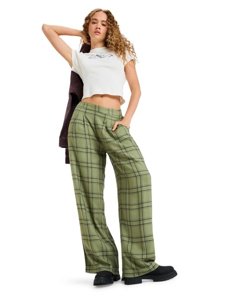 ROXY（ロキシー）の「GREAT INFLUENCE /ロキシーウエストゴムチェック柄ロングワイドパンツ（その他パンツ・レディース・グリーン・LARGE/MEDIUM/SMALL）」の4枚目の写真