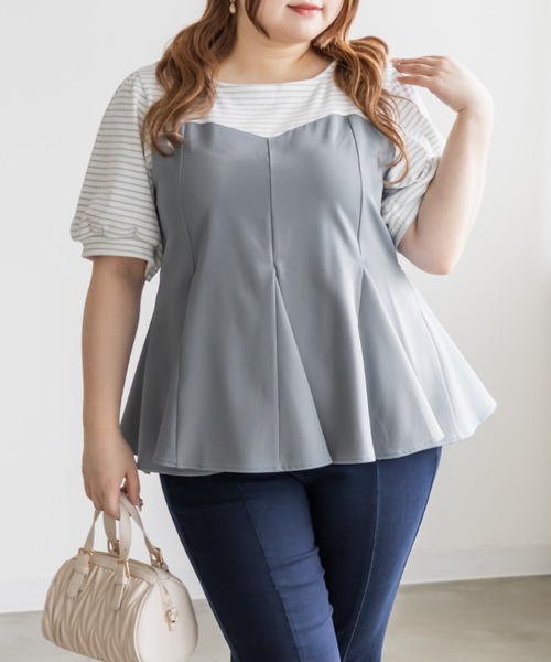 CLETTE(クレット)の「CLETTEオリジナルボーダードッキングペプラムトップス(Tシャツ/カットソー・レディース・ブルー/ブラック・LL/3L/4L)」の2枚目の写真